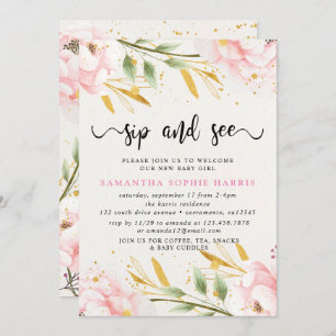 Invitation Aquarelle rose et Gold Sip et voir
