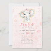 Invitation Aquarelle rose et gris Eléphant Baby shower fille (Devant)