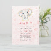 Invitation Aquarelle rose et gris Eléphant Baby shower fille (Debout devant)