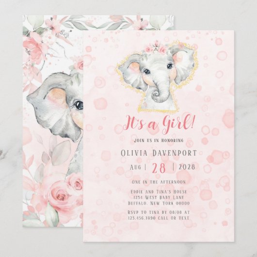 Invitation Aquarelle rose et gris Eléphant Baby shower fille (Devant / Derrière)