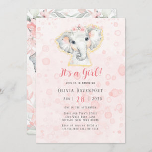Invitation Aquarelle rose et gris Eléphant Baby shower fille