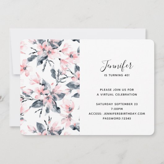 Invitation Aquarelle rose et gris Floral Motif virtuel (Devant)