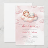 Invitation Aquarelle rose et ivoire nuage neuf fille (Devant / Derrière)