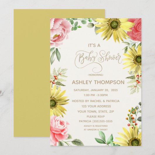 Invitation Aquarelle rose et jaune Baby shower floral (Devant / Derrière)