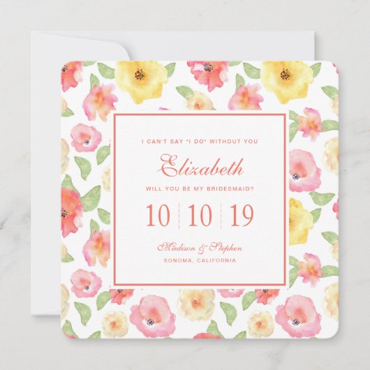 Invitation Aquarelle rose et jaune de la flore - Bridesmaid (Devant)