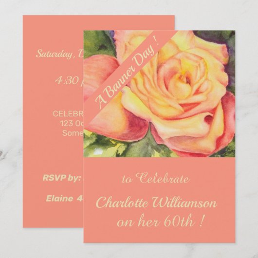 Invitation Aquarelle rose et jaune Rose Anniversaire Floral (Devant / Derrière)