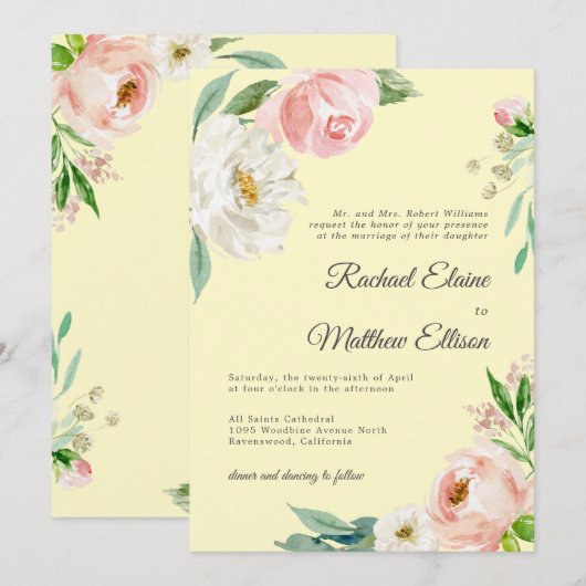 Invitation Aquarelle rose et jaune vif Mariage floral en (Devant / Derrière)