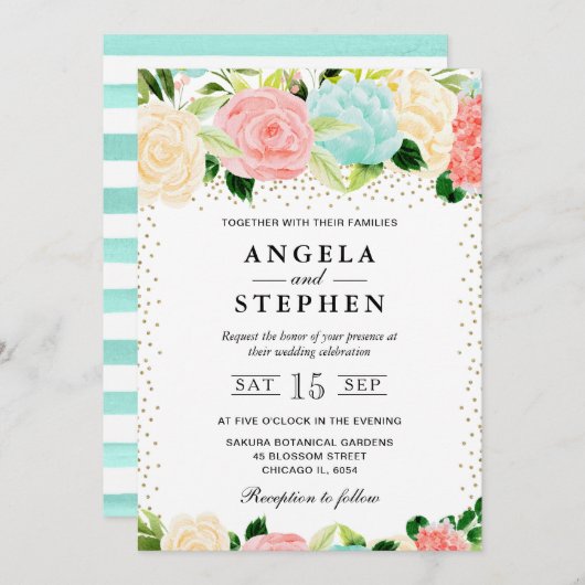 Invitation Aquarelle rose et Mariage de fleurs de menthe (Devant / Derrière)