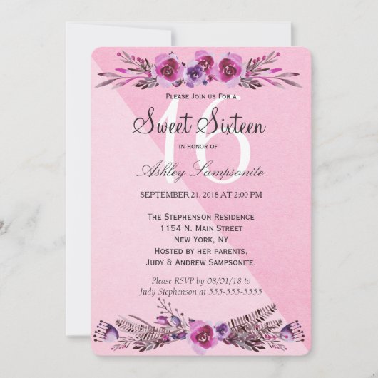 Invitation Aquarelle rose et mauve Fleurs Douces 16 Invitatio (Devant)