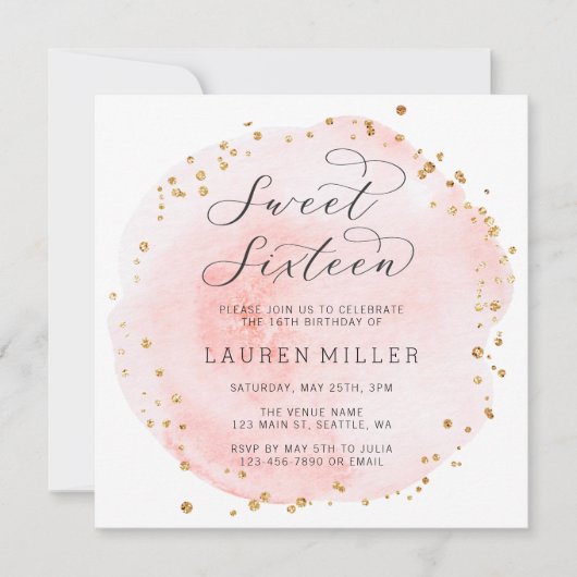 Invitation Aquarelle rose et or (Devant)