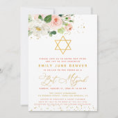 Invitation Aquarelle rose et or Bat mitzvah Floral (Devant)