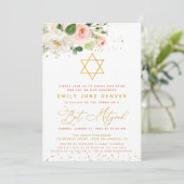 Invitation Aquarelle rose et or Bat mitzvah Floral (Debout devant)