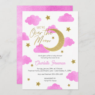 Invitation Aquarelle rose et or céleste sur la lune