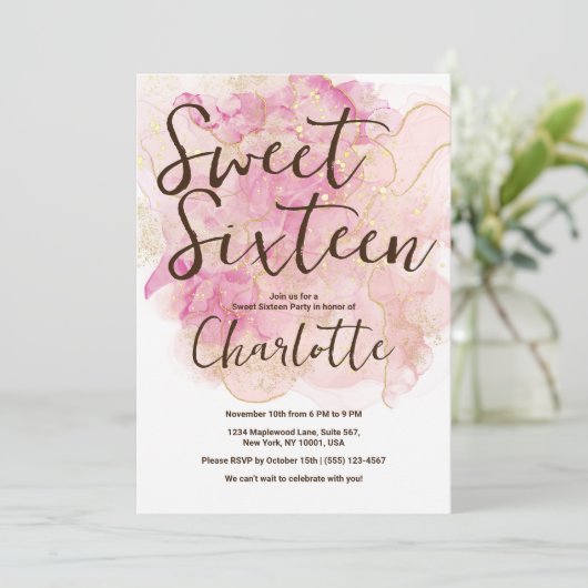Invitation Aquarelle rose et or chic Douce 16 Partie (Debout devant)