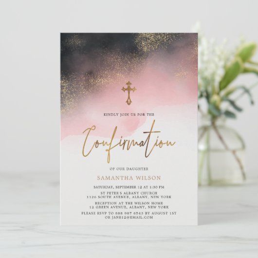 Invitation Aquarelle rose et or Confirmation (Debout devant)