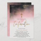 Invitation Aquarelle rose et or Confirmation (Devant / Derrière)