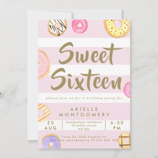 Invitation Aquarelle rose et or Donuts doux 16 Partie (Devant)