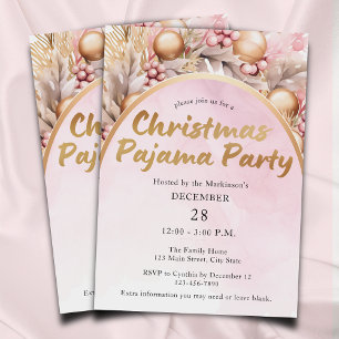 Invitation Aquarelle rose et or Fête du pyjama de Noël