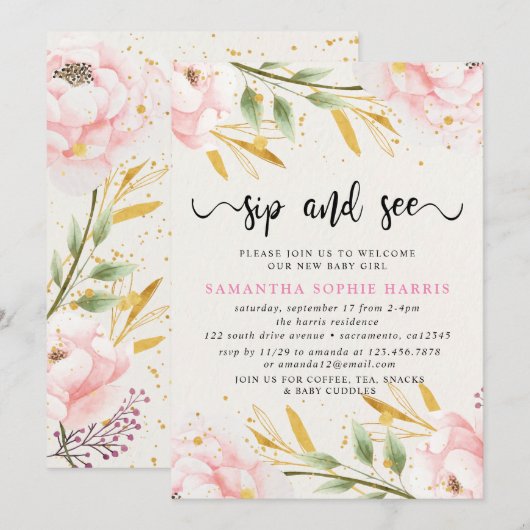 Invitation Aquarelle rose et or Siroter et voir (Devant / Derrière)