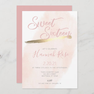 Invitation Aquarelle Rose et or Sweet 16 Anniversaire