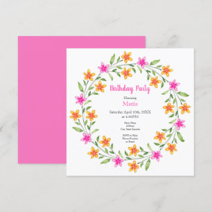 Invitation Aquarelle rose et orange chaude et couronne floral