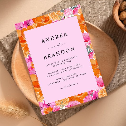 Invitation Aquarelle rose et orange Floral & Frame Wavy