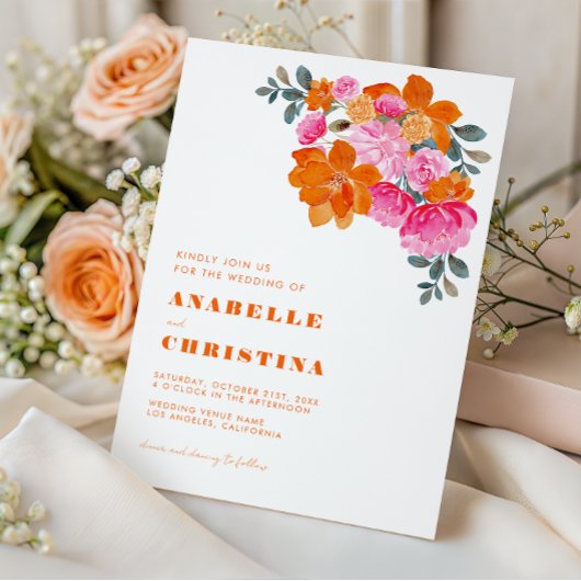 Invitation Aquarelle rose et orange Floral Mariage