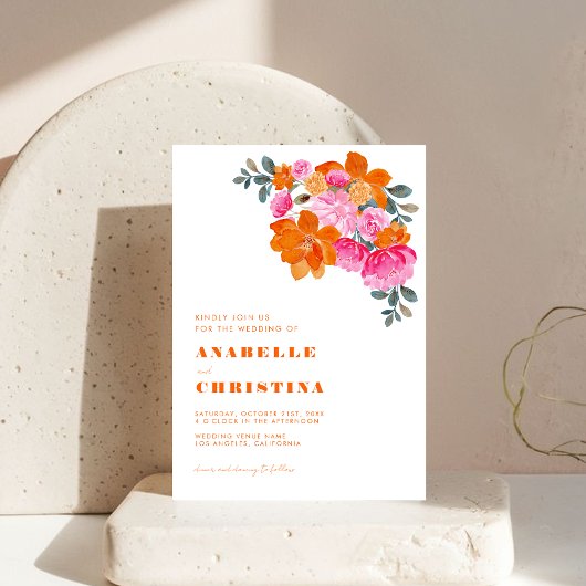 Invitation Aquarelle rose et orange Floral Mariage