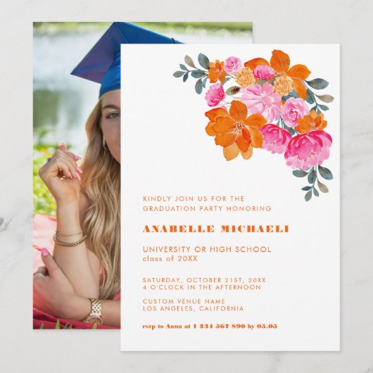 Invitation Aquarelle rose et orange Floral Vibrant Graduation (Devant / Derrière)
