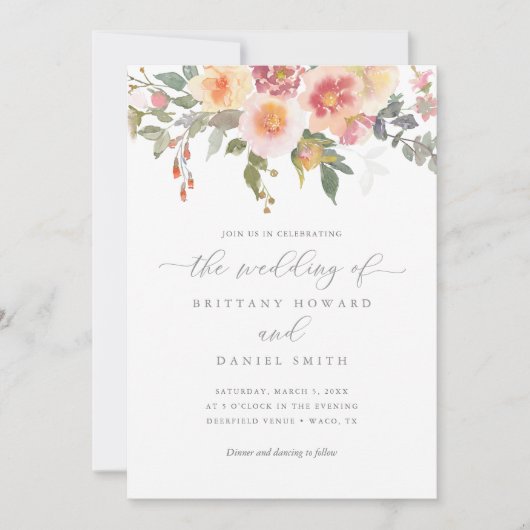Invitation Aquarelle rose et orange Mariage de verdure floral (Devant)