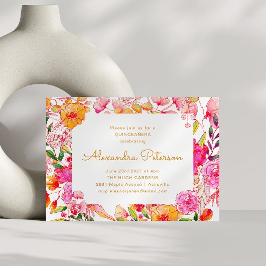 Invitation Aquarelle rose et orange QUINCEAÑERA