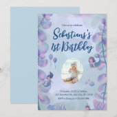 Invitation Aquarelle rose et pourpre Sirène 1er anniversaire (Devant / Derrière)