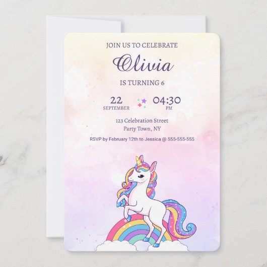 Invitation Aquarelle rose et pourpre Unicorne Anniversaire (Devant)