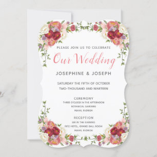 Invitation Aquarelle rose et Rose Peonies Fleurs Notre Mariag