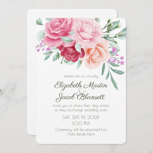 Invitation Aquarelle rose et rouge Roses Mariage virtuel (Devant / Derrière)