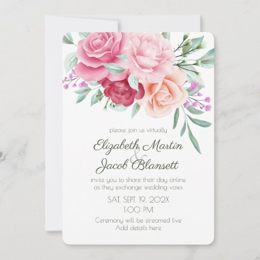 Invitation Aquarelle rose et rouge Roses Mariage virtuel (Devant)