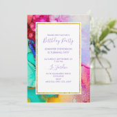 Invitation Aquarelle rose et turquoise Abstraite Anniversaire (Debout devant)