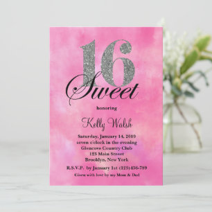 Invitation Aquarelle rose et typographie Parties scintillant