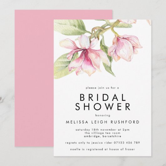 Invitation Aquarelle rose et vert Magnolia Fête des mariées (Devant / Derrière)