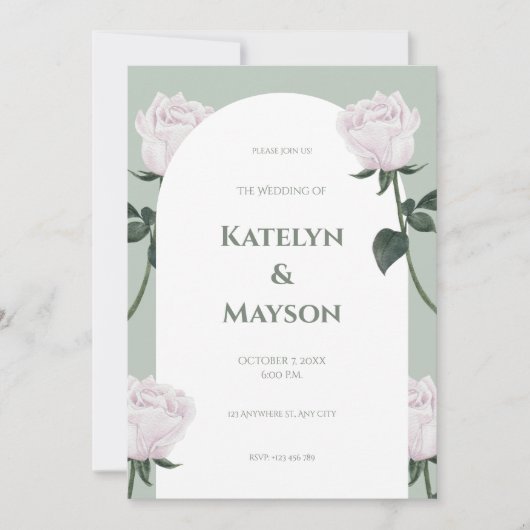 Invitation Aquarelle rose et vert Mariage floral (Devant)