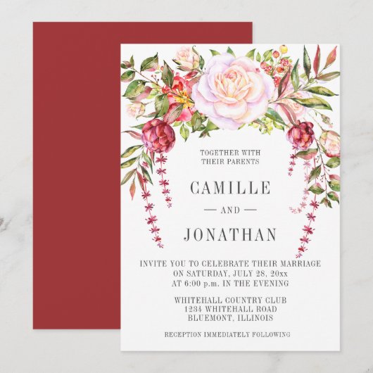 Invitation Aquarelle rose et vert Mariage floral (Devant / Derrière)