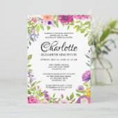 Invitation Aquarelle rose et violet florale Baptême (Debout devant)