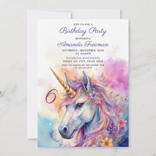 Invitation Aquarelle rose et violet Unicorne 6e anniversaire (Devant)