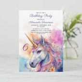 Invitation Aquarelle rose et violet Unicorne 6e anniversaire (Debout devant)