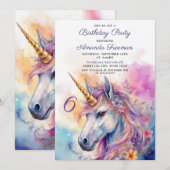 Invitation Aquarelle rose et violet Unicorne 6e anniversaire (Devant / Derrière)
