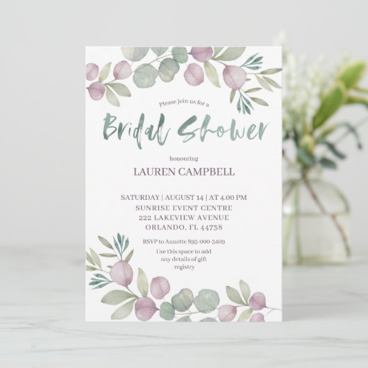 Invitation Aquarelle rose Eucalyptus rustique (Debout devant)