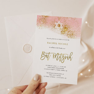Invitation Aquarelle rose Faux Gold Bat mitzvah