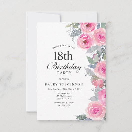 Invitation Aquarelle rose feminine Floral Chic 18e anniversai (Devant)
