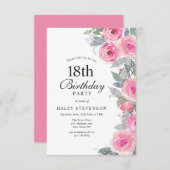Invitation Aquarelle rose feminine Floral Chic 18e anniversai (Devant / Derrière)