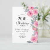 Invitation Aquarelle rose feminine Floral Chic 20e anniversai (Debout devant)